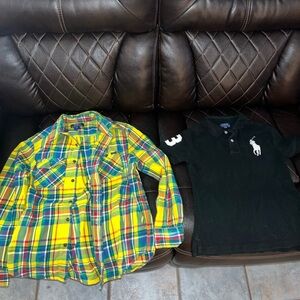 black polo one is a size 7 and the yellow polo long sleeve one is a medium